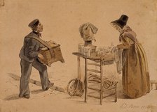 A man with a barrel organ and a coffee seller, 1828. Artist: Edmund Thomas Parris