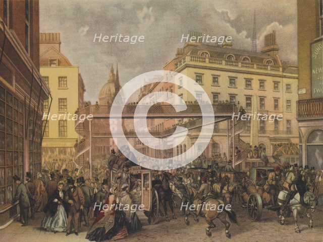 Design for a new footbridge at the crossing Ludgate Hill and Fleet Street, City of London, 1862.     Artist: Kell Brothers.