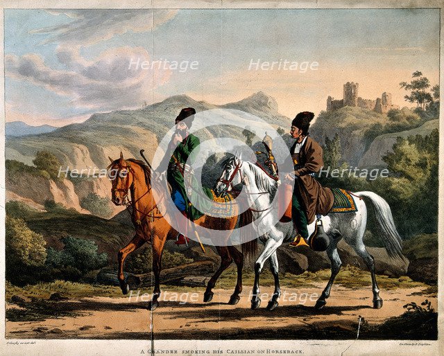 Persian smoking a hookah on horseback, ca 1820. Artist: Orlowski (Orlovsky), Alexander Osipovich (1777-1832)