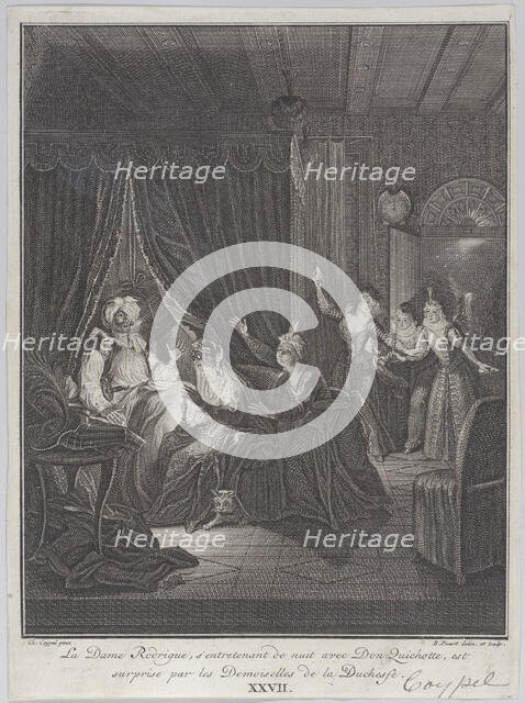 Plate 27: Doña Rodriguez, who is speaking at night with Don Quixote, is surprised by the l..., 1745. Creator: Bernard Picart.