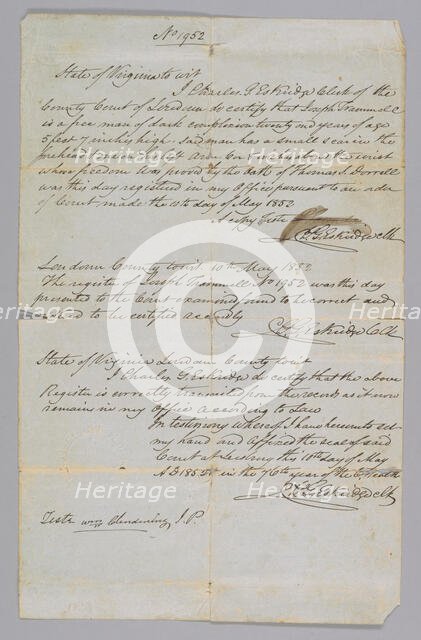 Certificate of Freedom for Joseph Trammell, May 10, 1852. Creator: Unknown.