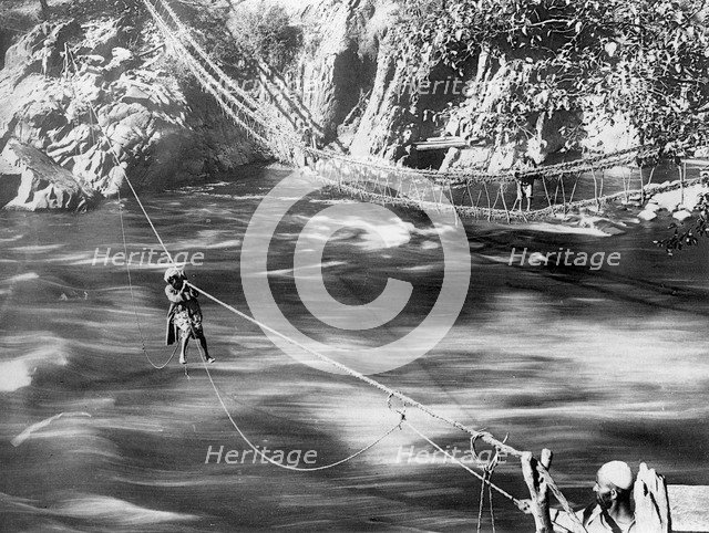 Rope bridge, Jhelum Valley, Kashmir, India, c1900.  Artist: F Bremner