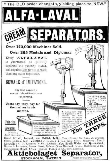 Advertisement for Alfa-Laval Cream Separators, 1898. Creator: Unknown.