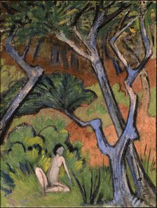 Forest landscape with nude, 1924. Creator: Mueller, Otto (1874-1930).