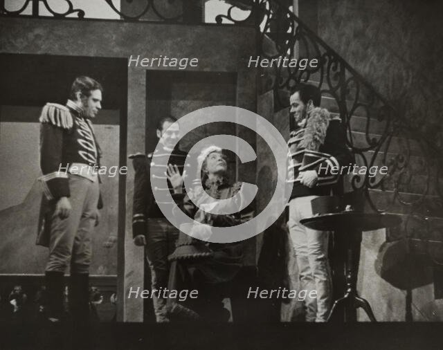 Woman talking to three men, 1938. Creator: Unknown.