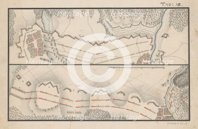 Two plans - defensive lines and distribution of troops near settlements, 2nd half 18th century. Creator: Unknown.