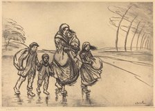 In the Rain: Mother and Children (Sous la pluie: La mere et les enfants), 1915. Creator: Theophile Alexandre Steinlen.