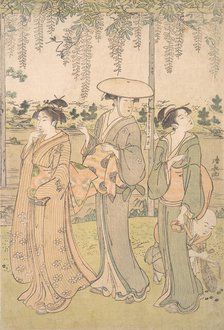 Three Women and a Small Boy beneath a Wisteria Arbor on the Bank of a Stream, ca. 1790. Creator: Torii Kiyonaga.