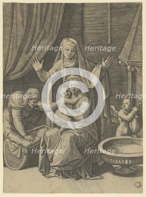 The Virgin holding the Christ Child, St Anne standing above with arms outstretched, St..., ca. 1520. Creator: Marcantonio Raimondi.