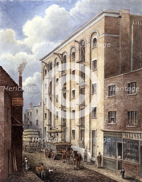 Hay's Wharf with carts being loaded up outside, Bermondsey, London, 1834. Artist: Unknown