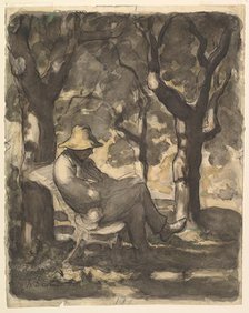 A Man Reading in a Garden (recto); Preliminary sketch for a Man Reading in a Garden (v..., ca. 1865. Creator: Honore Daumier.