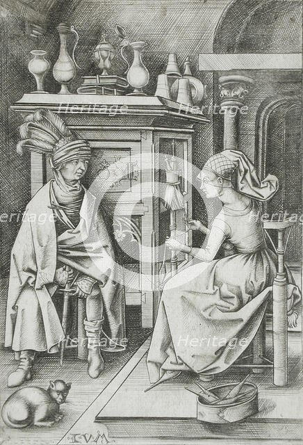 Woman Spinning and Visitor, between circa 1495 and circa 1503. Creator: Israhel van Meckenem.