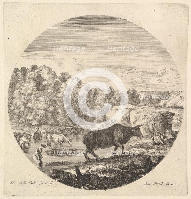 Two cows in center, followed by two peasant women and other cows in the river to le..., ca. 1643-48. Creator: Stefano della Bella.