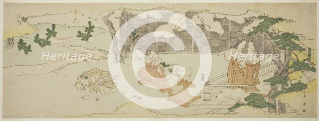 Court Ladies on a Balcony Watching a Woman and a Girl Chasing a Man in the Yard..., late 1790s. Creator: Katsukawa Shun'ei.