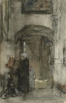 Fisherman's wife with her daughter as a 'bride' lights a church candle, 1847-1899. Creator: Jacob Henricus Maris.