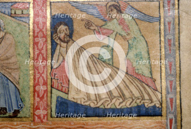 Detail of a Psalter, Angel Warns Joseph to fle to Egypt, c1140. Artist: Unknown.