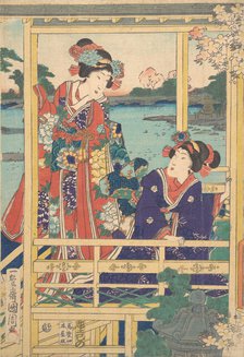 Two Beauties at Spring Garden with a Pond, ca. 2nd month, 1864. Creator: Toyohara Kunichika.