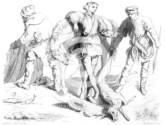 English hunter, gamekeeper and fisherman, 1435 (1849).Artist: Drouart