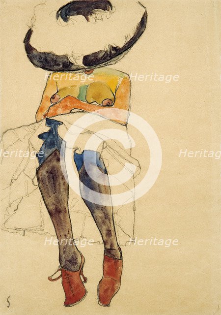 Seated semi-nude with hat and purple stockings, 1910.