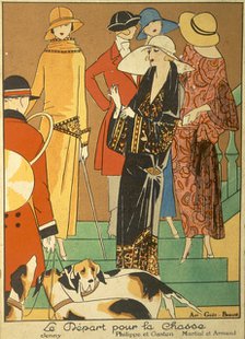 The Departure of the Hunt, fashion plate from 'Art, Gout, Beaute', pub. 1923 (pochoir print)