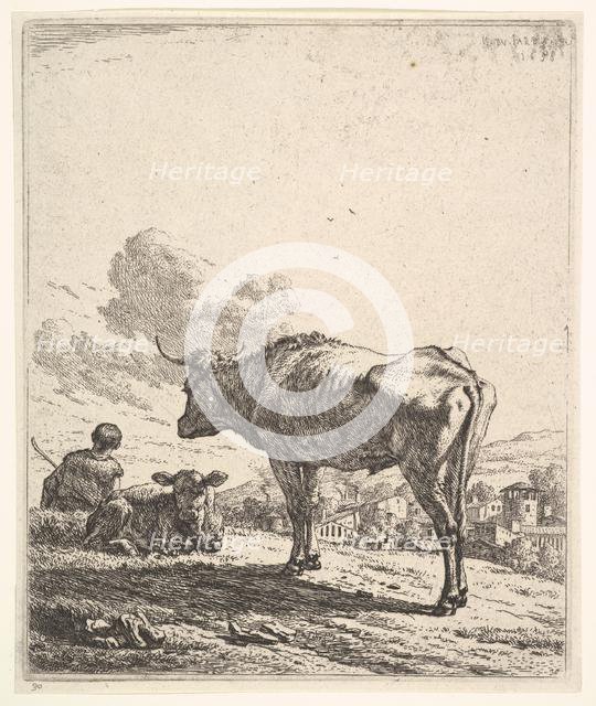 Cowherd with cow and calf on a hillside, the cowherd viewed from behind and seated in the ..., 1658. Creator: Karel Du Jardin.