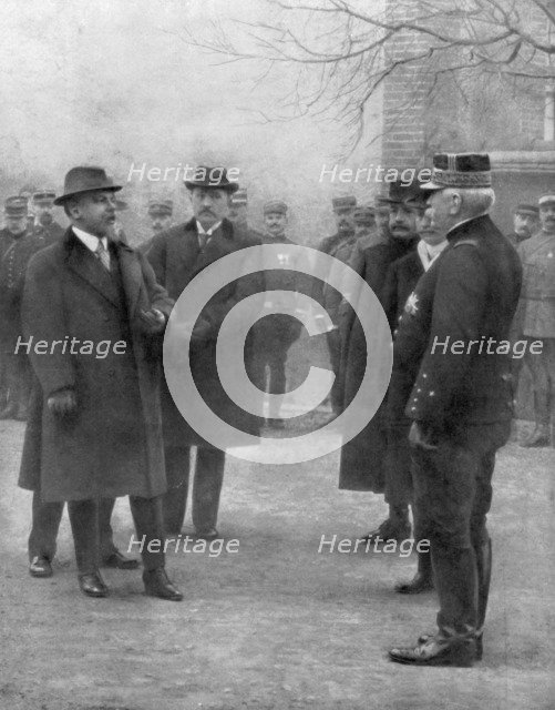 French President Raymond Poincare meeting General Joseph Joffre, 1914. Creator: Unknown.