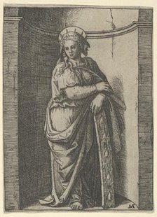 Saint Catherine standing in a niche, resting on a wheel, her instrument of tortur..., ca. 1500-1527. Creator: Marcantonio Raimondi.