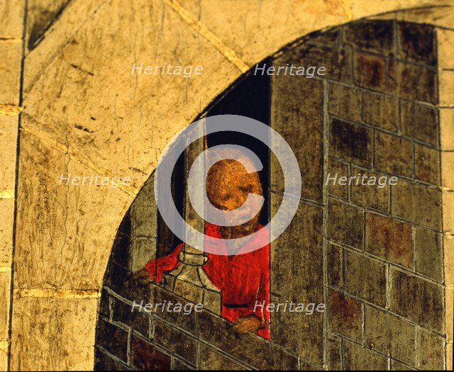  'Woman looking through a window', detail of the Transfiguration altarpiece, 1445-1452. Tempera o…