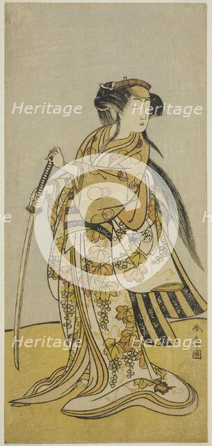 The Actor Onoe Tamizo I as Kureha (?) in the Play Shusse Taiheiki (?), Performed at the..., c. 1775. Creator: Shunsho.