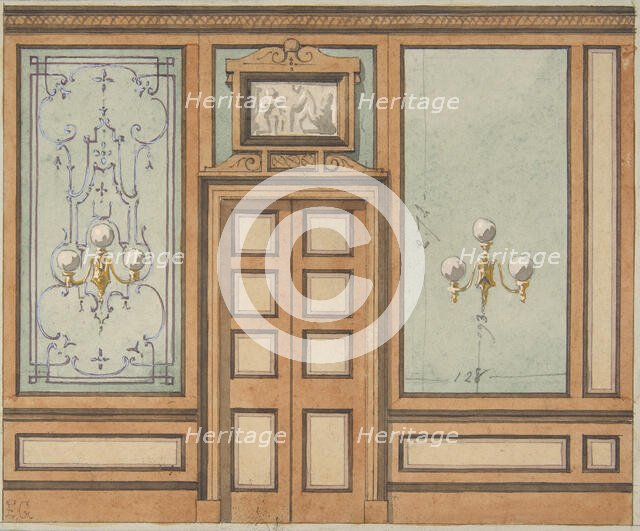 Elevation of a paneled interior with double doors and gaslight sconces, 1830-97. Creators: Jules-Edmond-Charles Lachaise, Eugène-Pierre Gourdet.
