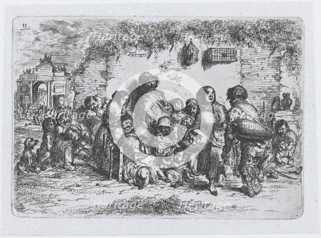 Plate 11: a group of people outdoors, from the series of customs and pastimes of the Spani..., 1850. Creator: Francisco Lameyer Berenguer.