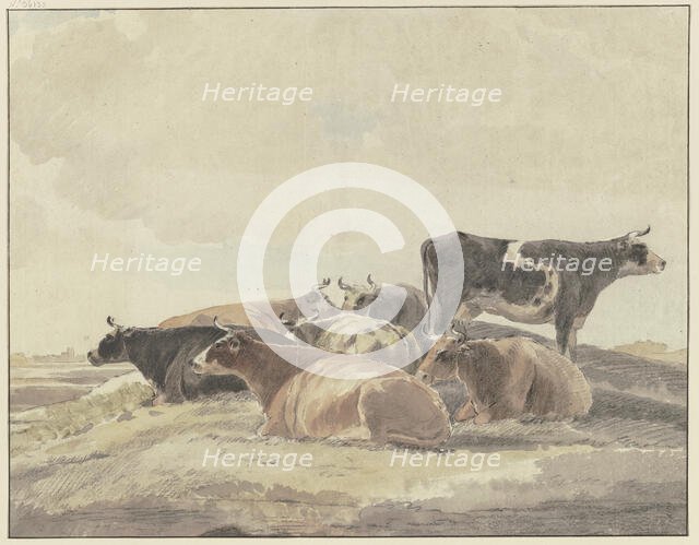 Six cows lying down and one standing on a hill. Creator: Andries Vermeulen.