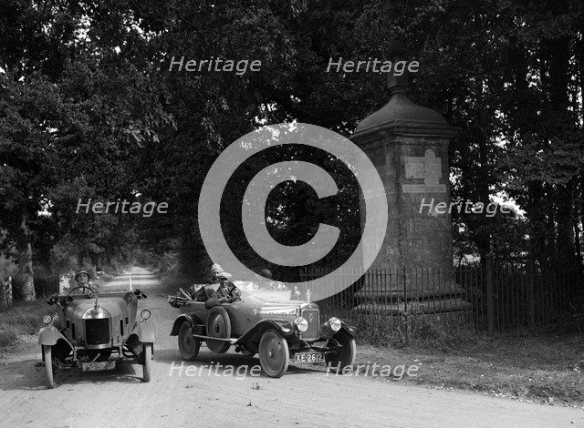 Calthorpe and Morris passing the Four Shire Stone, near Broadway, Worcestershire, c1920s. Artist: Bill Brunell.