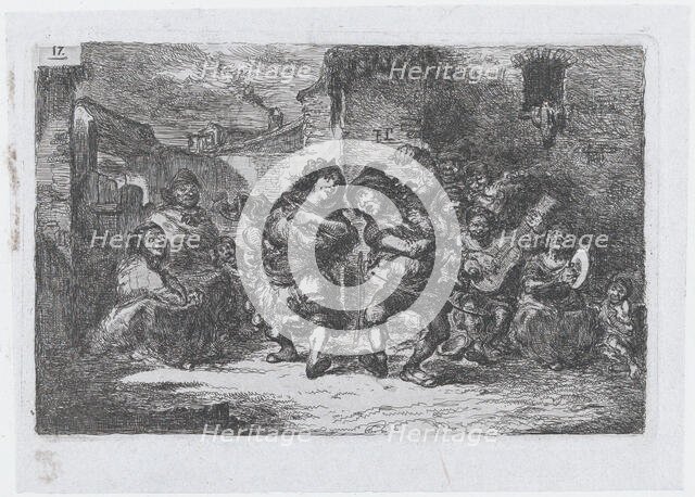 Plate 17: street musicians and dancing figures, from the series of customs and pastimes of..., 1850. Creator: Francisco Lameyer Berenguer.