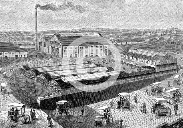 Factory for making, recharging and servicing electric cabs, Aubervilliers, France, 1899. Artist: Unknown