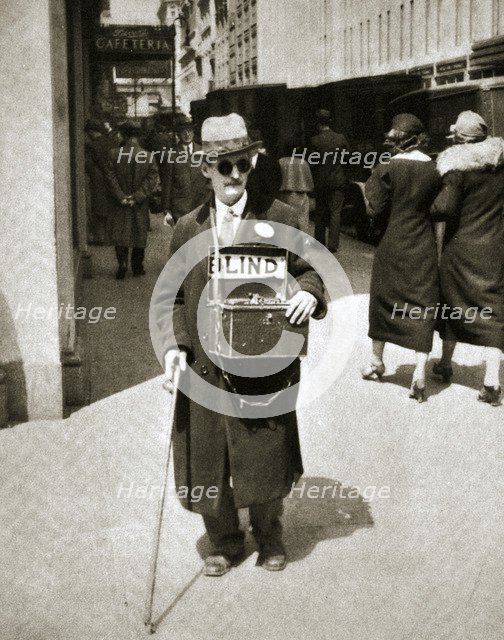 Blind man begging, Great Depression, New York, USA, 1933. Artist: Unknown