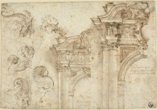 Sheet of Sketches: Sea Monsters and Elaborate Portals (recto), n.d. Creator: Agostino Mitelli.