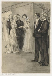 Sisters in evening dress looking at two young men, 1905 or earlier.  Creator: Anna Maria Kruijff.