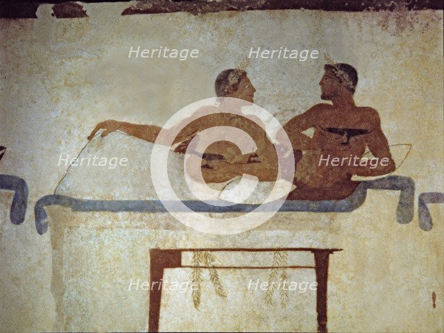 Banquet in which a deceased participates. Detail of a painting in the Jumper Tomb at Paestum.