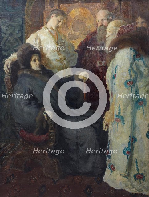The ambassadors of the Zemsky Sobor trying to convince the nun Marfa that her son Mikhail Feodorovic