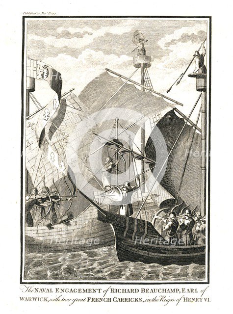 Naval Engagement against two great French Carricks by Richard Beauchamp Earl of Warwick in the reign Artist: Unknown.
