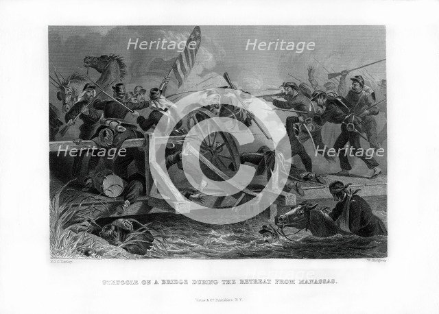 Struggle on a bridge during the retreat from Manassas, Virginia, (1862-1867).Artist: Felix Octavius Carr Darley