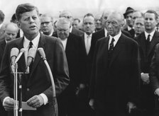 President Kennedy giving a speech at Cologne airport, Germany, 1963. Artist: Unknown