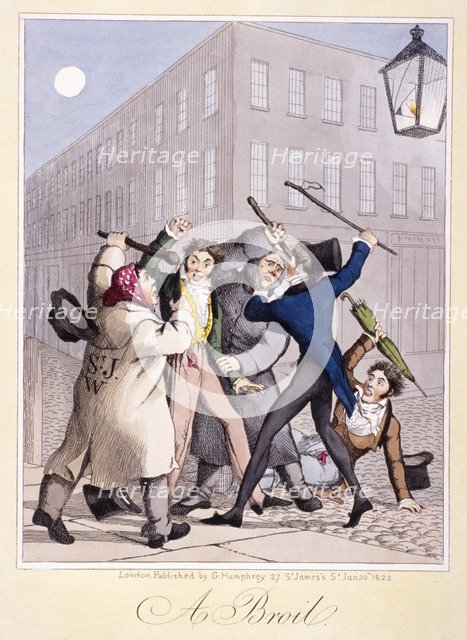 View of a street fight scene at night, City of Westminster, London, 1822.   Artist: Anon