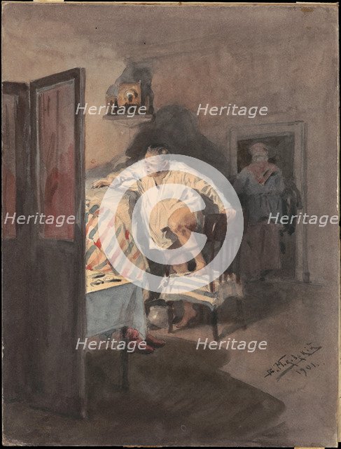 Chichikov at the house of Korobochka. Illustration for the novel Dead Souls by N. Gogol.