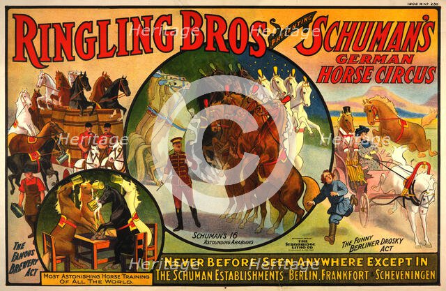 Ringling Bros presenting Schuman's German horse circus poster, c1909. Creator: Unknown.
