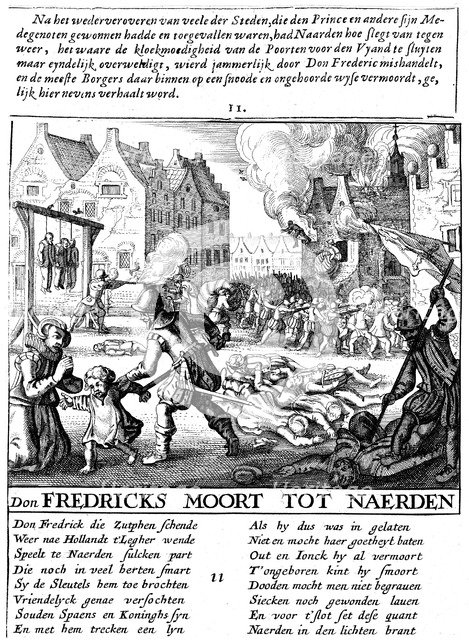 Spanish troops torching buildings and massacring during Spanish rule in Netherlands, 1567-73. Artist: Unknown