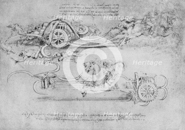 'Drawings of Two Types of Chariot Armed with Scythes', c1480 (1945). Artist: Leonardo da Vinci.