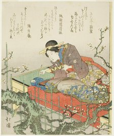 Seated woman holding brush and poem card, early 1830s. Creator: Totoya Hokkei.