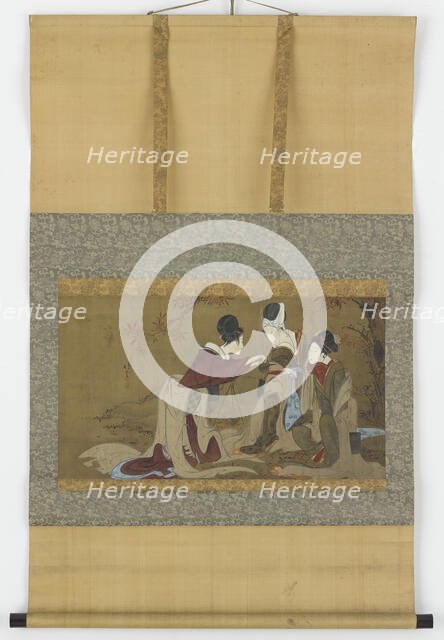 Three shirabyoshi drinking sake heated over a fire of autumn leaves, Edo period, 1800-1850. Creator: Hokuga.